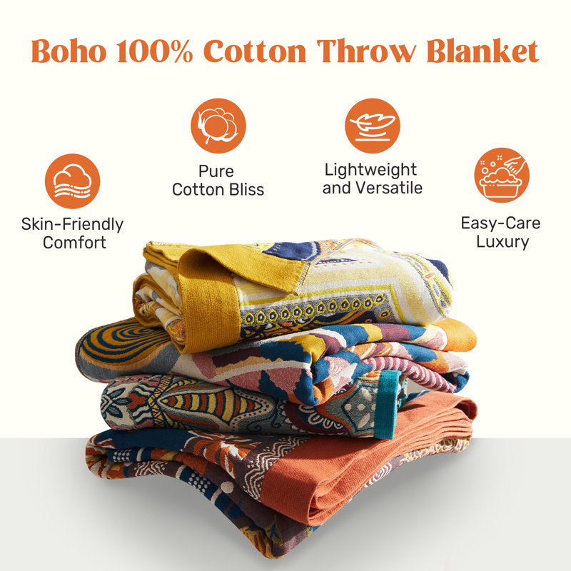 100% Cotton Boho Throw Blanket - Woven Decorative Sofa & Bed Cover