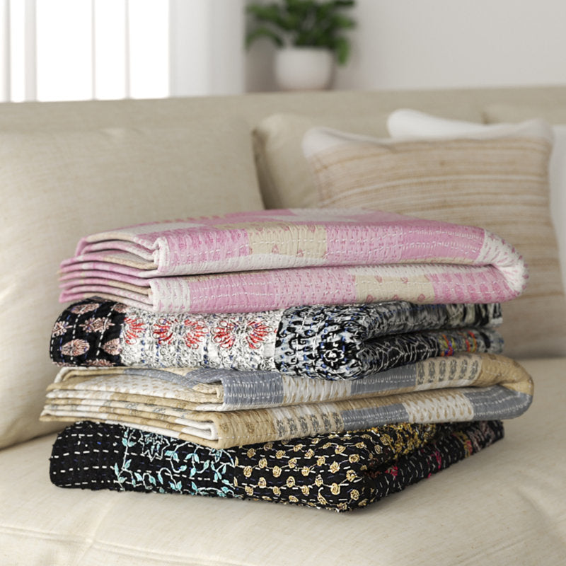 Advika Handmade Kantha Cotton Throw Blanket - Boho Bed & Sofa Cover