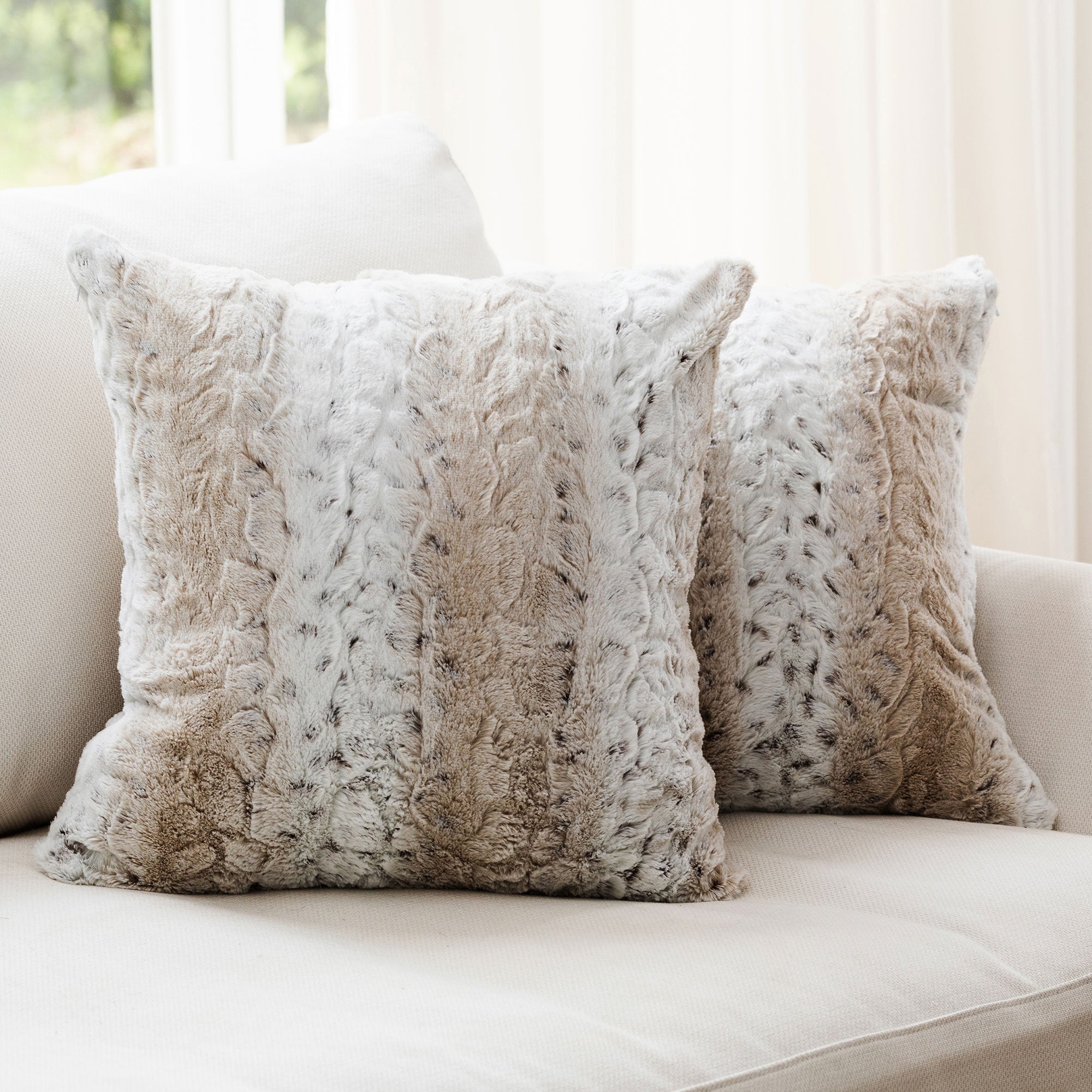 Snow Leopard Faux Fur Throw Pillows - Set of 2 Decorative Cushions