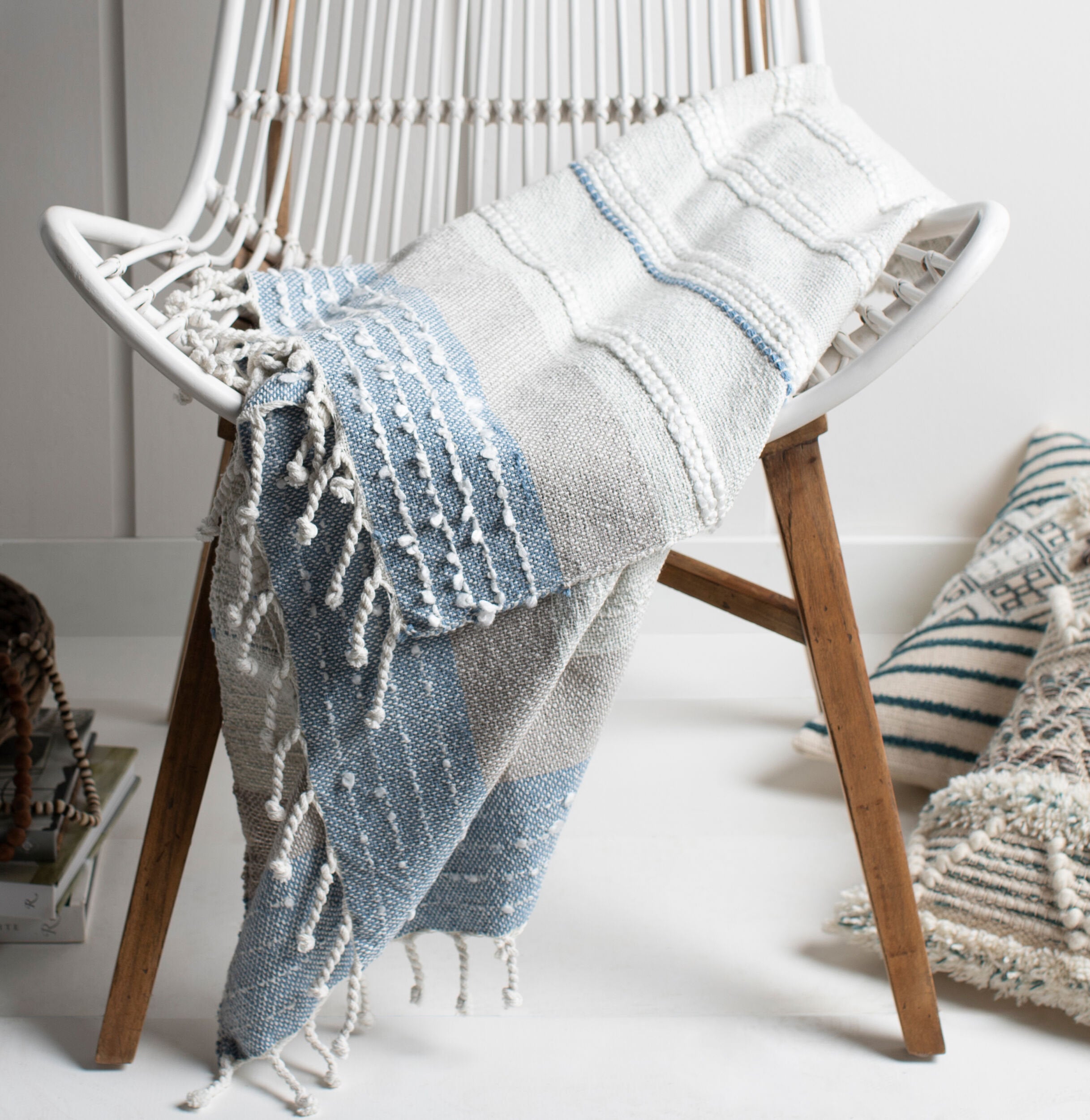 Bara Hand Woven Cotton Throw Blanket - Gray & Denim Decorative Wrap