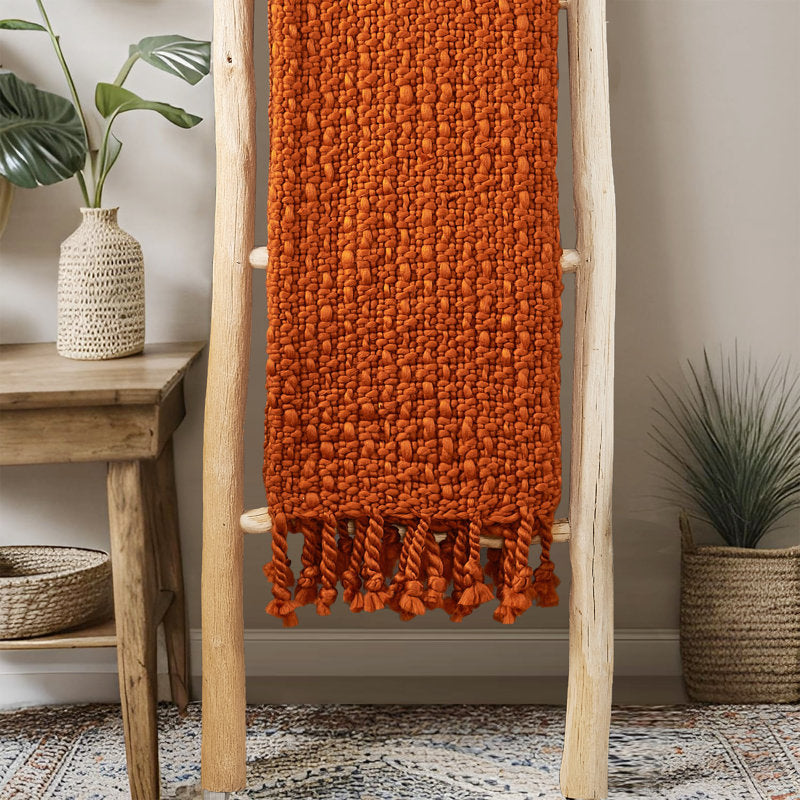 Rust Basket Weave Knitted Throw Blanket - Soft Cozy Home Decor