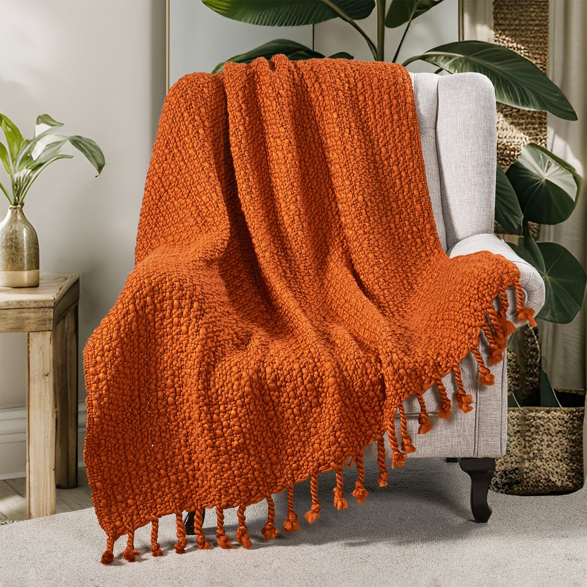 Rust Basket Weave Knitted Throw Blanket - Soft Cozy Home Decor