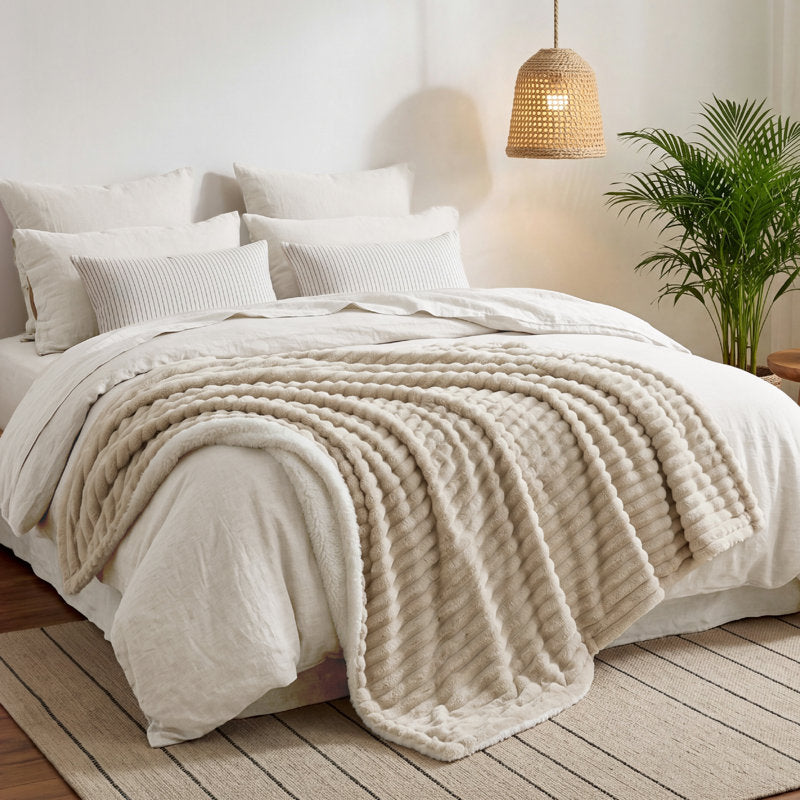 Sherpa Fleece Throw Blanket - Reversible Beige Stripe for Sofa & Bed