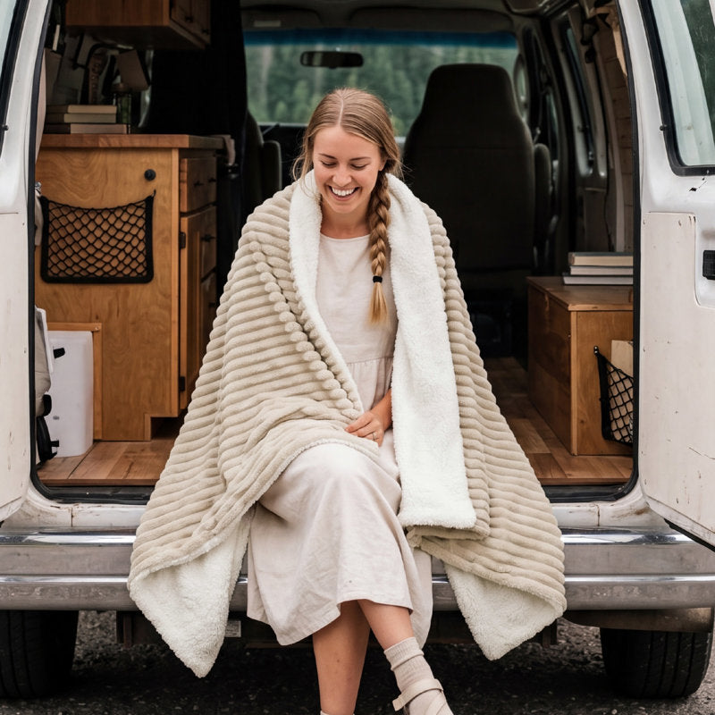 Sherpa Fleece Throw Blanket - Reversible Beige Stripe for Sofa & Bed