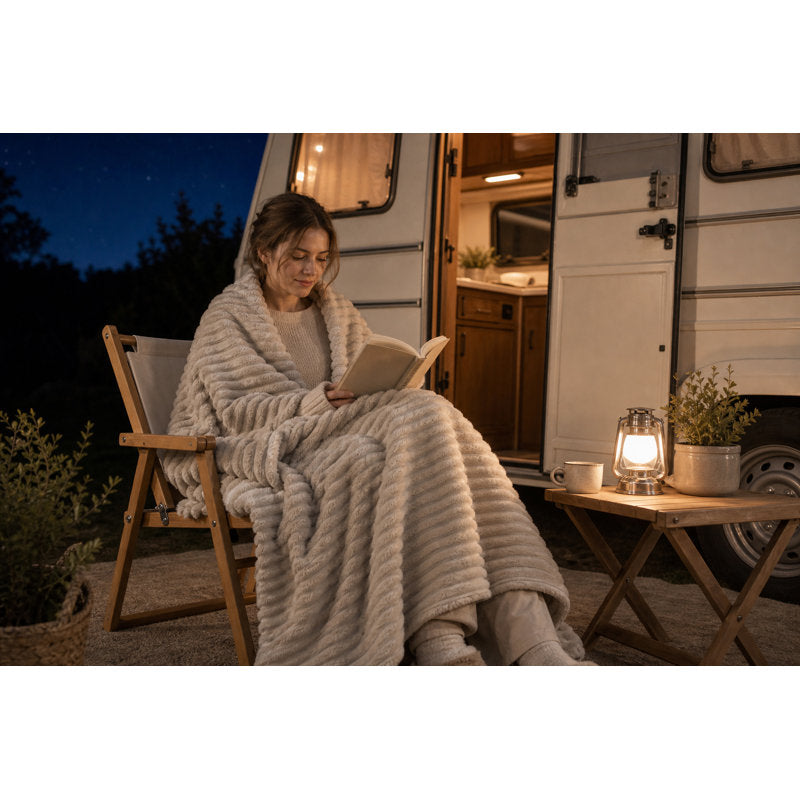 Sherpa Fleece Throw Blanket - Reversible Beige Stripe for Sofa & Bed