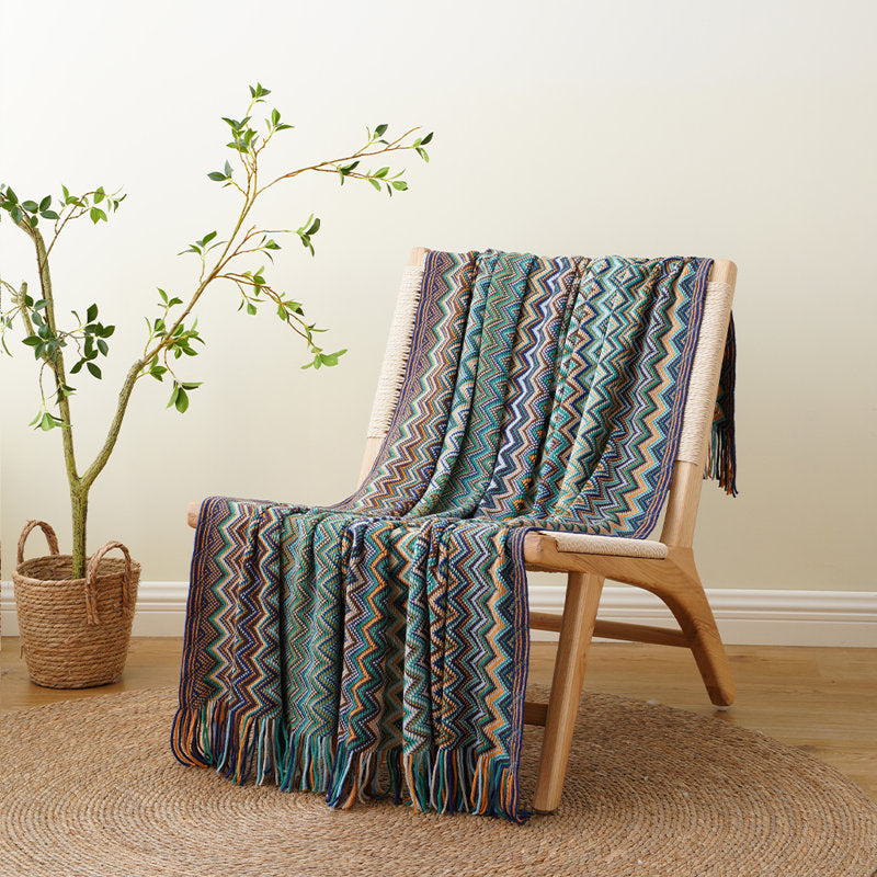 Boho Knit Throw Blanket with Tassels - Decorative Acrylic Sofa Cover