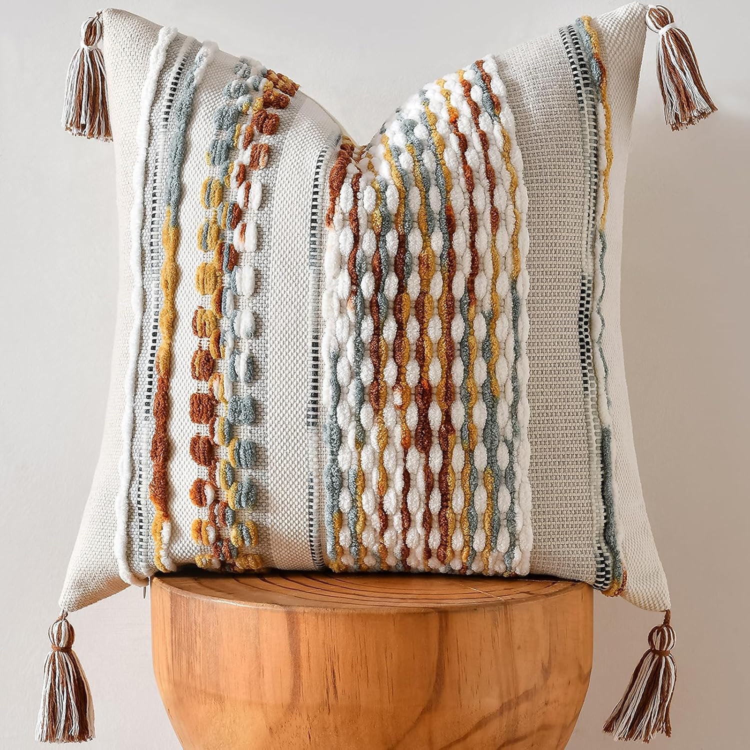 Boho Chenille Striped Throw Pillow Cover - Textured 18x18 Couch Decor