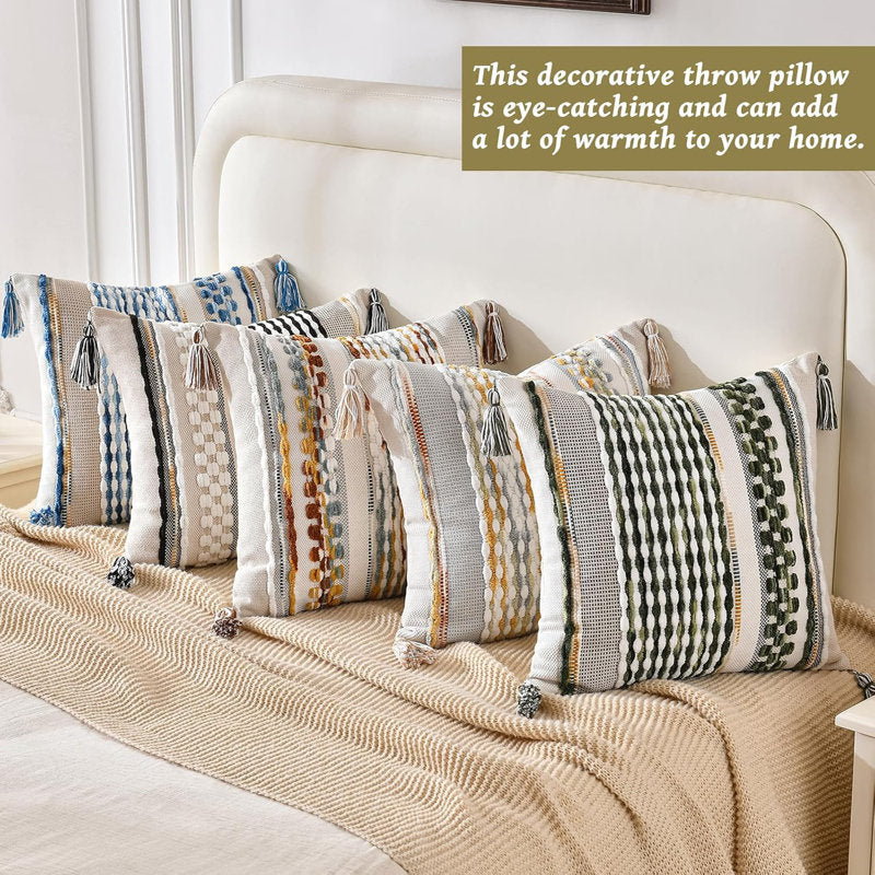 Boho Chenille Striped Throw Pillow Cover - Textured 18x18 Couch Decor