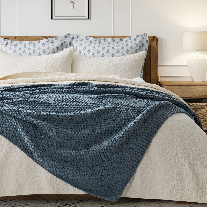 Chunky Chenille Knit Throw Blanket | Moss Stitch Soft Couch Throw