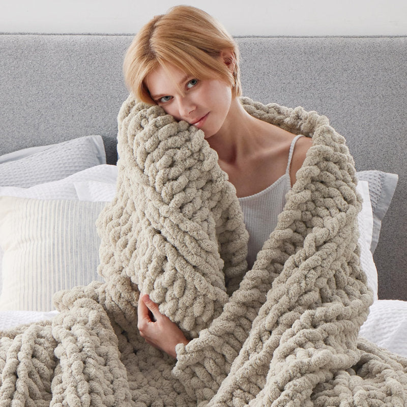 Chunky Knit Chenille Throw Blanket - Hand Knit Soft Couch Throw