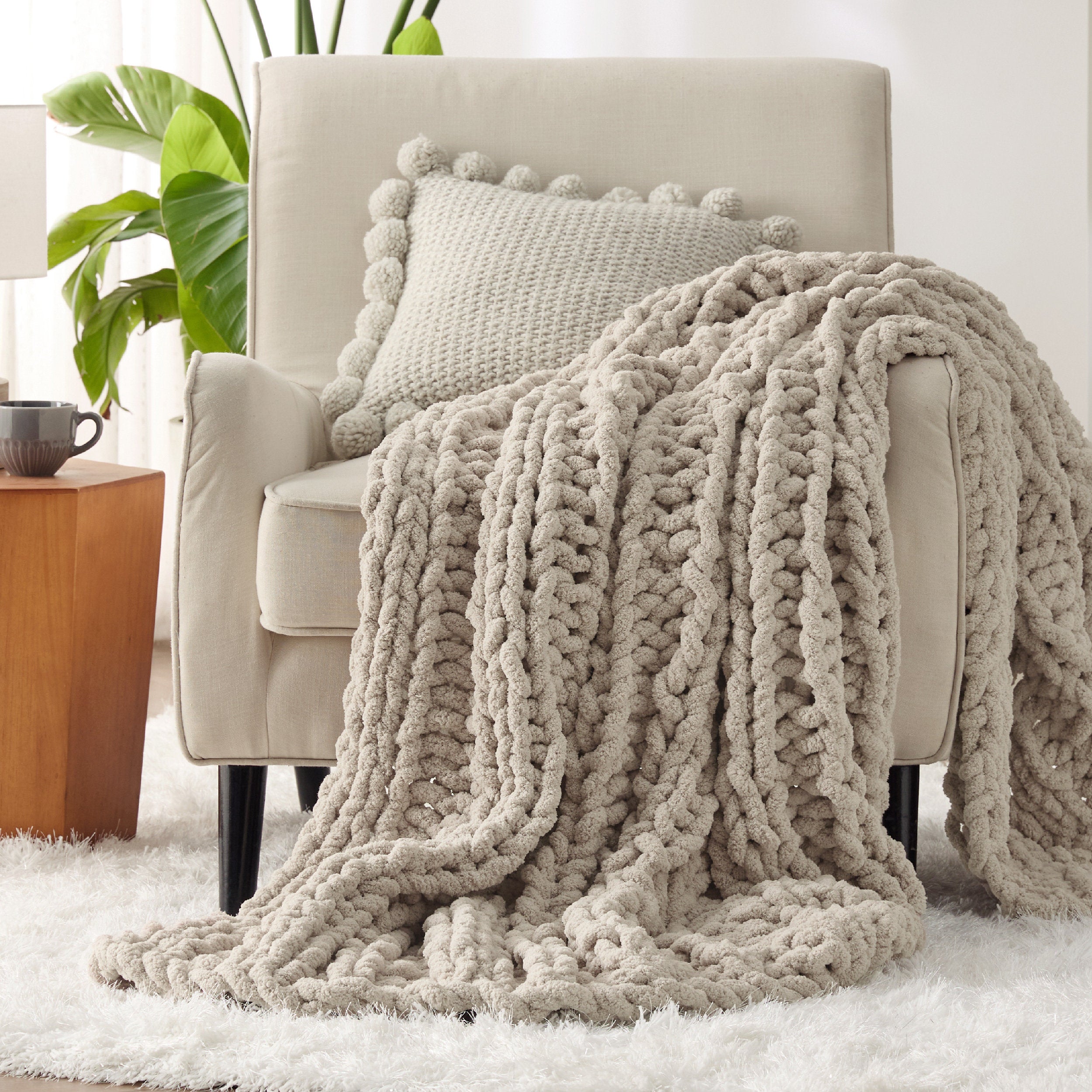 Chunky Knit Chenille Throw Blanket - Hand Knit Soft Couch Throw