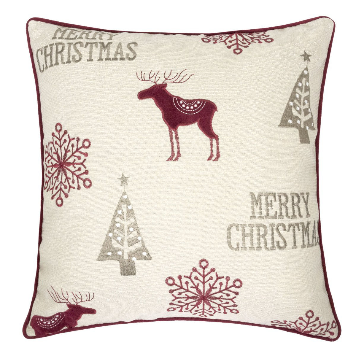 Merry Christmas Embroidered Throw Pillow - Poly Linen Holiday Decor