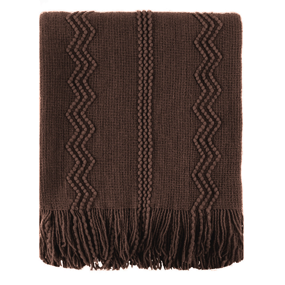Knit Throw Blanket - Soft Acrylic Geometric Fringe for Couch & Bed