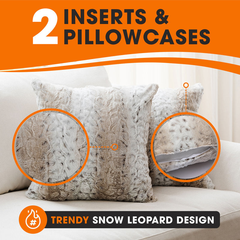 Snow Leopard Faux Fur Throw Pillows - Set of 2 Decorative Cushions
