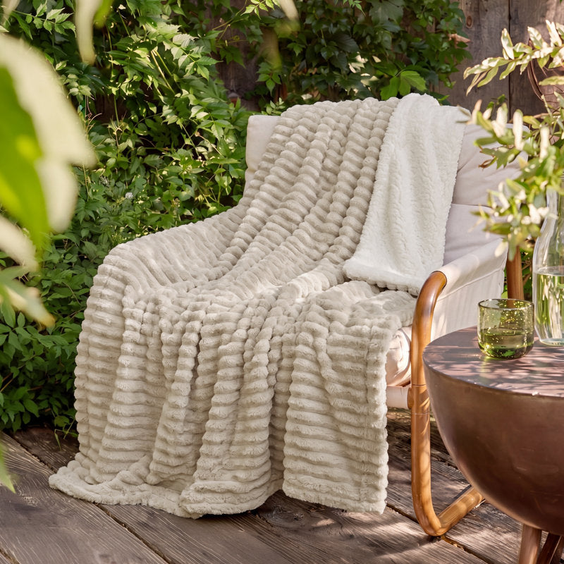 Sherpa Fleece Throw Blanket - Reversible Beige Stripe for Sofa & Bed