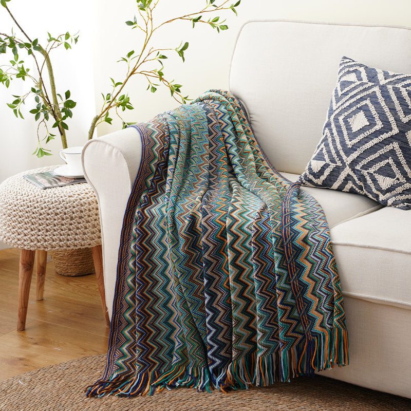 Boho Knit Throw Blanket with Tassels - Decorative Acrylic Sofa Cover