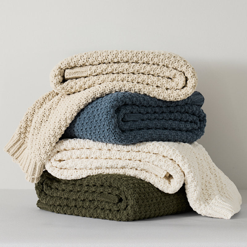 Chunky Chenille Knit Throw Blanket | Moss Stitch Soft Couch Throw