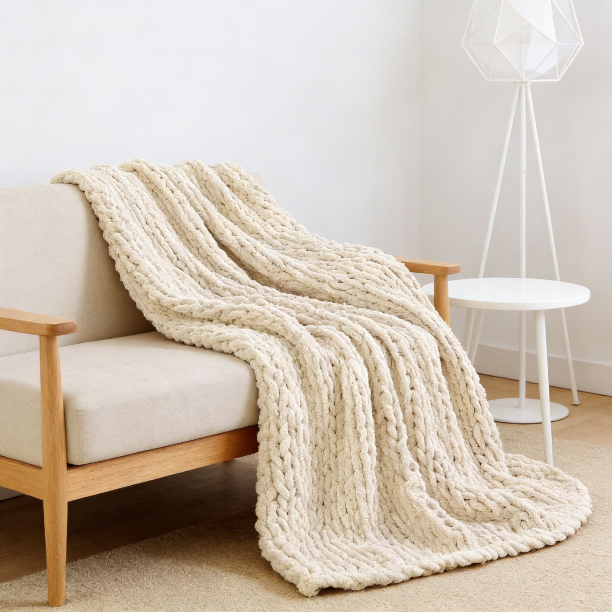 Chunky Chenille Knit Throw Blanket - Hand Knit Cable Sofa Decor