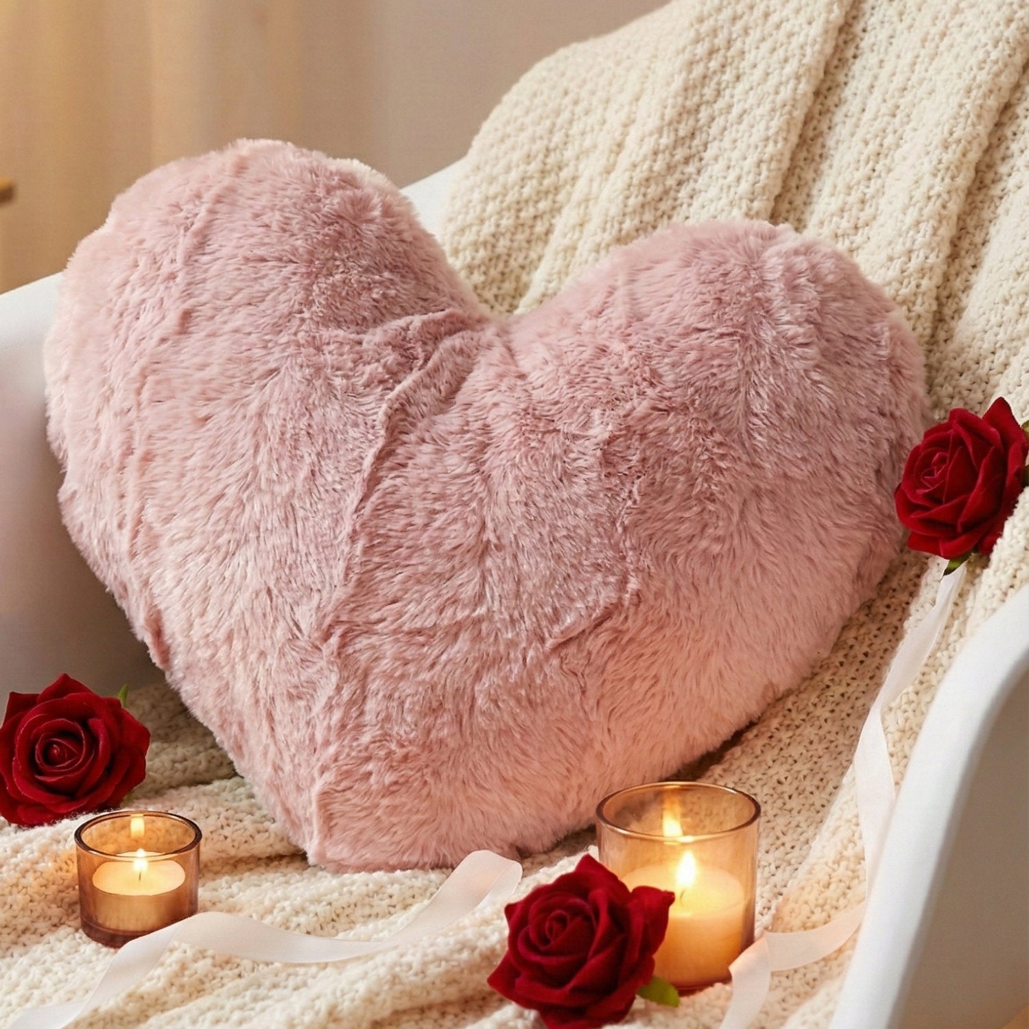 Heart Shaped Throw Pillow - Soft Faux Fur Decorative Accent for Bedroom