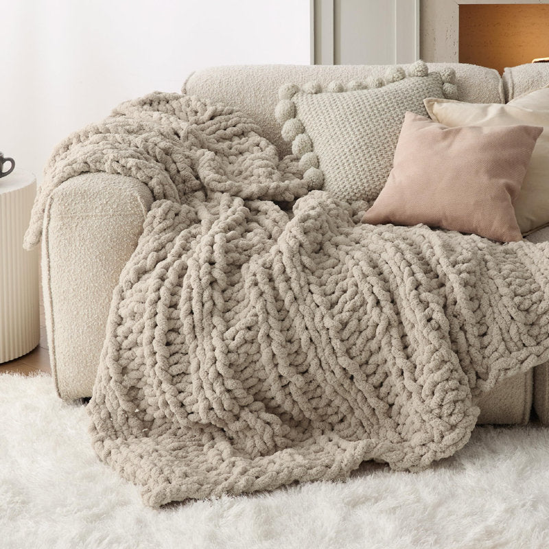 Chunky Knit Chenille Throw Blanket - Hand Knit Soft Couch Throw