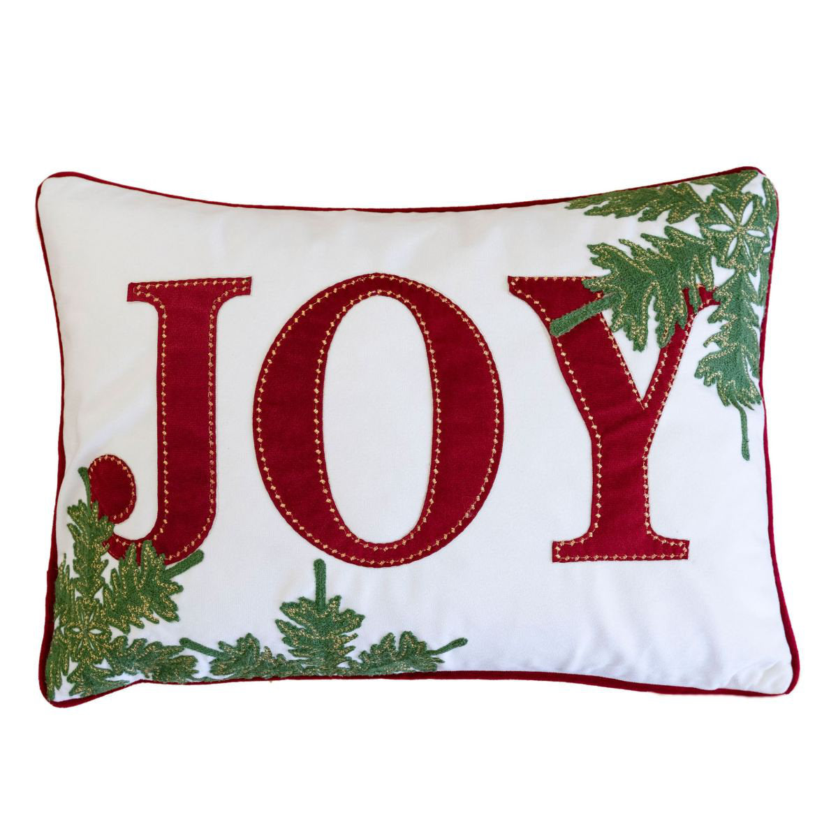Joy Embroidered Christmas Lumbar Pillow - Red & White Velvet Cushion