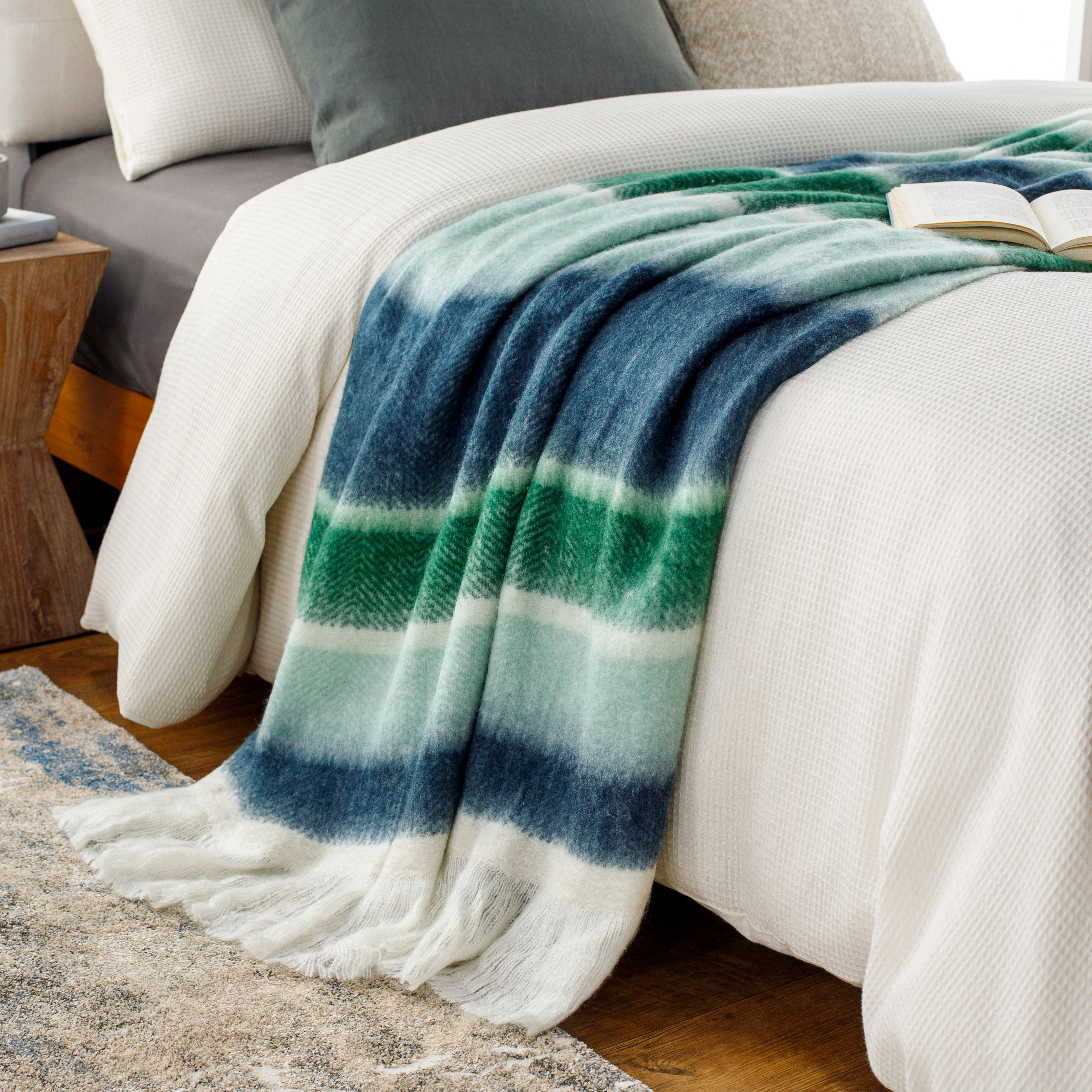 Hand Woven Striped Throw Blanket - Wool Blend Fringe Blanket for Sofa