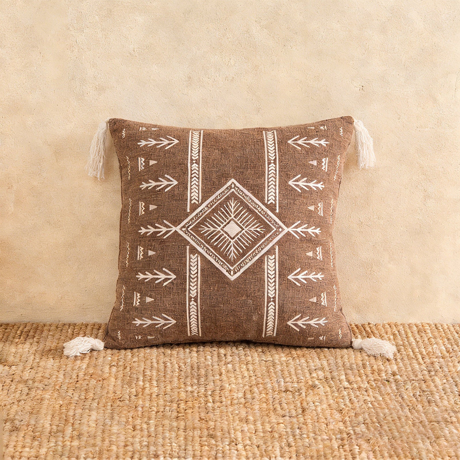 Embroidered Boho Throw Pillow - African Totem Cotton Cushion for Couch