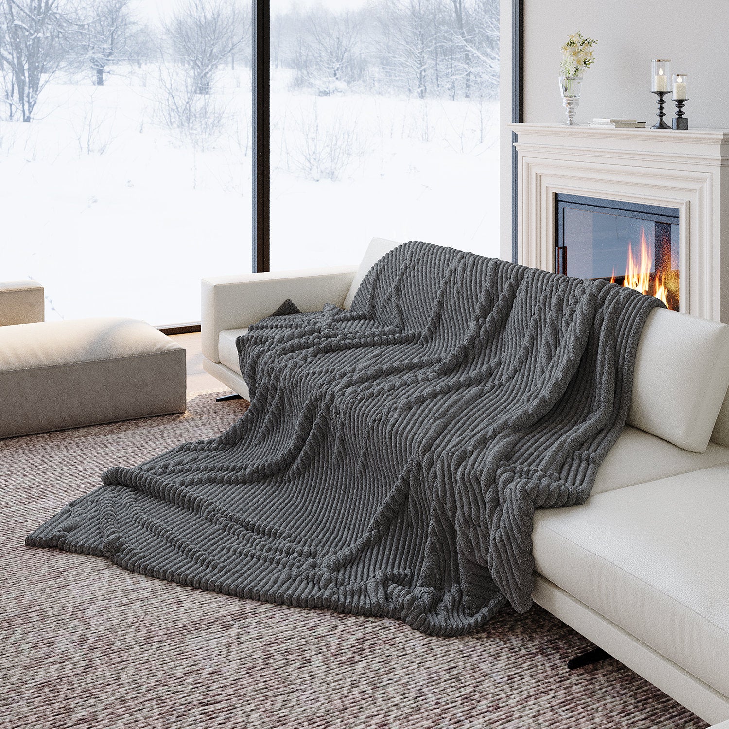 Flannel Fleece Throw Blanket - 3D Ribbed Jacquard for Bed & Sofa